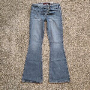 Mudd Yo! 2000s Y2K Tri-Belt Stretch Light Wash Denim Flare Blue Jeans - Size 3